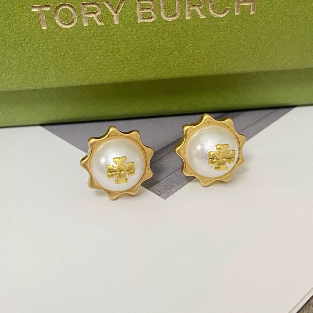 Tory Burch Gold Plated Faux Pearl Geometric Round Stud Earrings